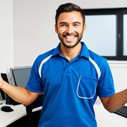 **

A fully clothed man, formerly a traffic worker, now a web developer, smiling confidently in a modern office. He is wearing appropriate professional attire. The scene symbolizes a positive career change and financial improvement. Perfect anatomy, correct proportions, natural pose, well-formed hands, proper finger count, professional, safe for work, appropriate content, family-friendly.

**