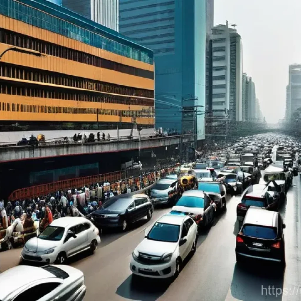 교통업계 이론과 실무 차이 - A wide, bustling urban intersection in a vibrant South Asian city, reminiscent of Karachi or Lahore,...