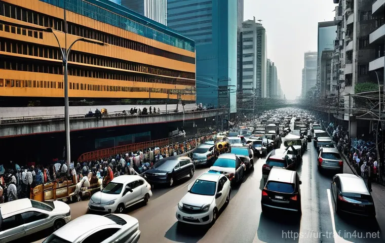 교통업계 이론과 실무 차이 - A wide, bustling urban intersection in a vibrant South Asian city, reminiscent of Karachi or Lahore,...
