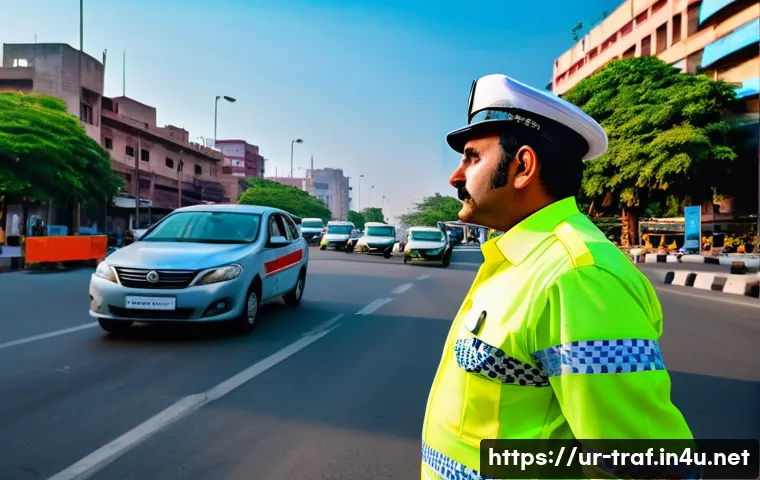 교통직 직무와 시험 필수 항목 - **Prompt:** A dynamic, wide-angle shot of a male traffic warden, dressed in a crisp, clean Pakistani...