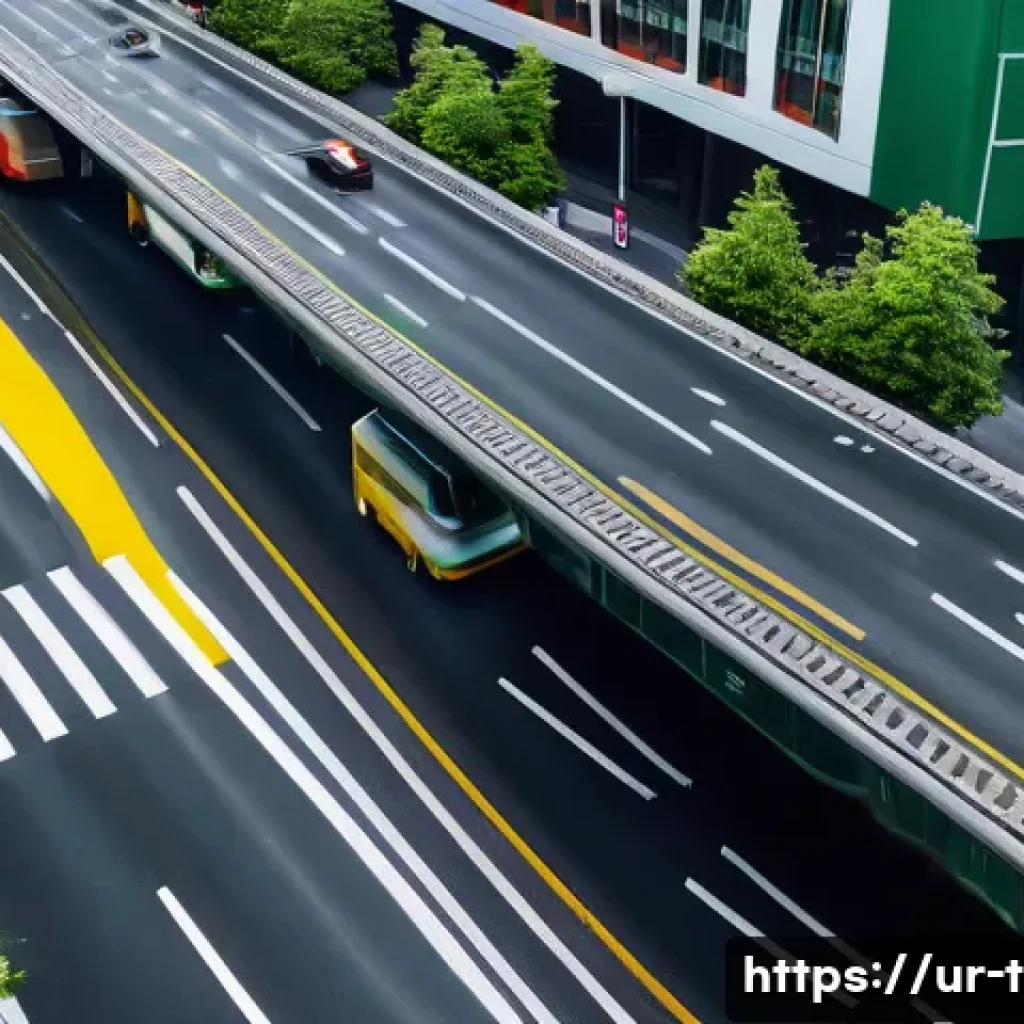 교통기사 실기시험 노하우 - **Prompt:** An aerial, slightly elevated view of a bustling, multi-lane urban road during a busy but...