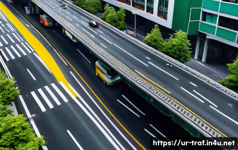 교통기사 실기시험 노하우 - **Prompt:** An aerial, slightly elevated view of a bustling, multi-lane urban road during a busy but...