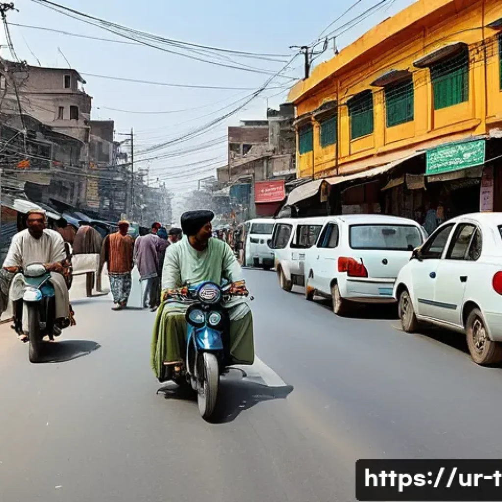 교통자격증 필기시험 합격 비법 - A detailed and vibrant street scene in a busy Pakistani city showing diverse vehicles such as motorc...
