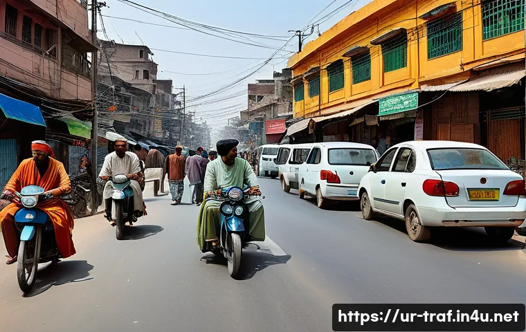 교통자격증 필기시험 합격 비법 - A detailed and vibrant street scene in a busy Pakistani city showing diverse vehicles such as motorc...