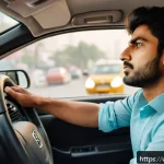 Home 19 교통기사 실기시험 실전 경험 - A focused young South Asian man in his mid-20s sitting calmly inside a modern compact car, practicin...