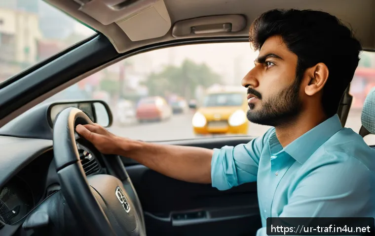 교통기사 실기시험 실전 경험 - A focused young South Asian man in his mid-20s sitting calmly inside a modern compact car, practicin...