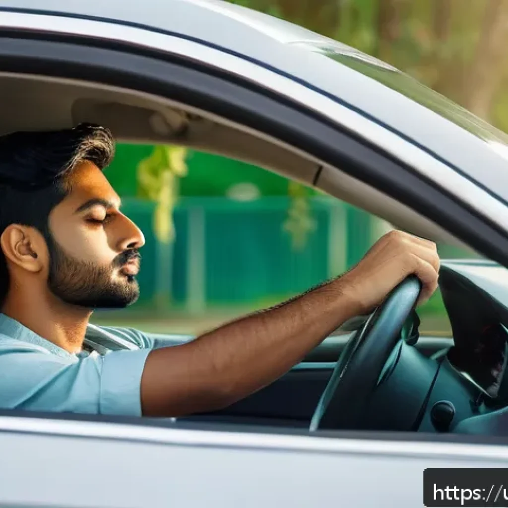 교통분야 자격증 시험 실기 대비 - A calm and focused young South Asian male driver practicing deep breathing exercises inside a modern...