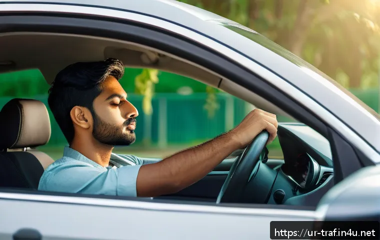 교통분야 자격증 시험 실기 대비 - A calm and focused young South Asian male driver practicing deep breathing exercises inside a modern...